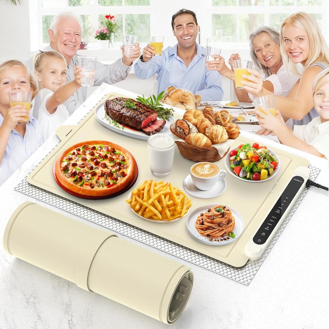 Food Warming Mat Electric Tray: Adjustable Silicone Heating Pad with 3 Temperature Settings 4 Timer Function Portable Roll Up Hot Plate for Buffets Party Gatherings Kitchen Warmer Countertop Holiday (24 X 16 inch, Cream)