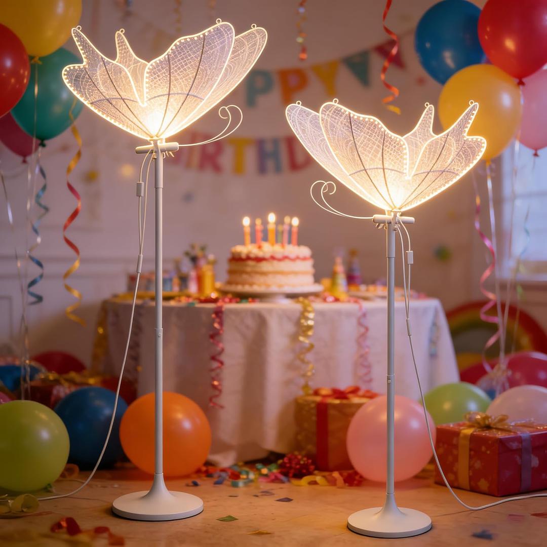 2Pcs Wedding Butterfly Floor Lamp, Aisle Romantic LED Decor Light | 23.6" 3-Color Dimmable, Adjustable Height 57.5-70.1in, Ceiling Light & Hanging Dual Use for Birthday Party