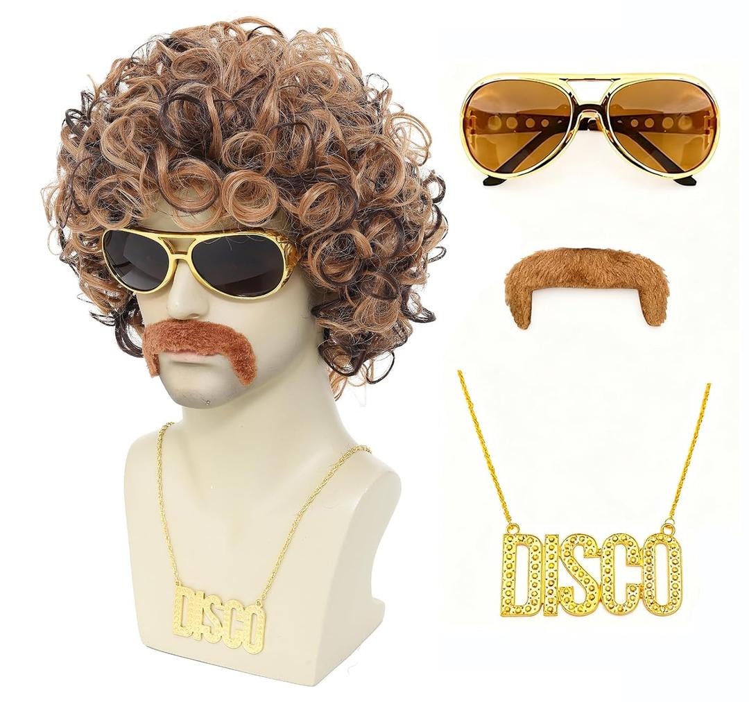 70s 80s Disco Costume Wig Set for Men - Afro Curly Wig with Mustache, Gold Sunglasses & Disco Necklace, Halloween Cosplay 70s Party Outfit Accessory (Blonde Mixed Brown)