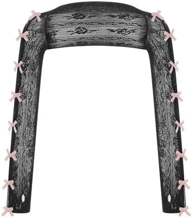 Women Long Sleeve Lace Shrug with Thumb Hole, Open Front Cut Out Bow Bolero Fishnet Shawl Arm Sleeves Cardigan