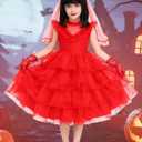 IBQ Kids Red Wedding Dress Girls Halloween Costuems Toddler Horror Comedy Character Bride Cosplay Outfit with Veil Gloves (Red, M)
