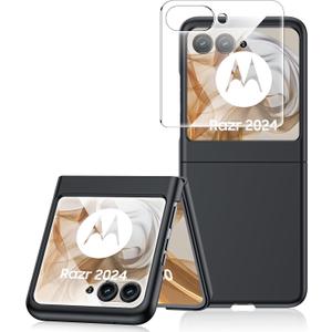 for Motorola Razr 2024 Case, [Built-in Front Screen Protector] Slim Matte PC Shockproof Cover Wireless Charging Case for Razr 2024 (Black)