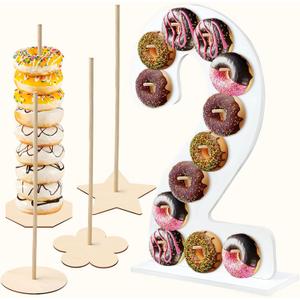 5 Pcs Donut Stand Set, Doughnut Party Supplies Include 1 Pc Digit Donut Wall Display Stand, 4 Pcs Doughnut Wall, for Birthday Wedding Baby Shower Party (White number 2)