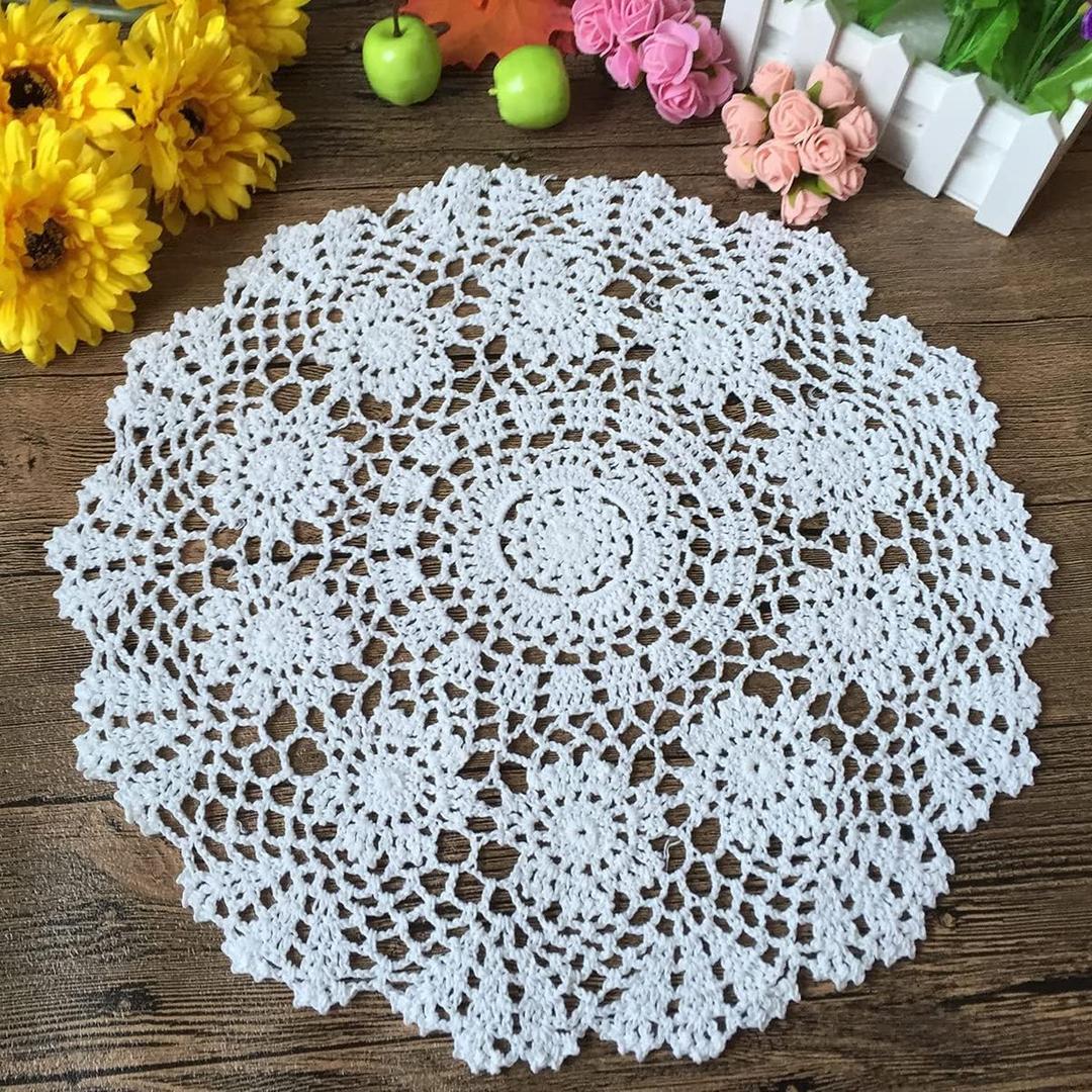 Hetao 100% Cotton Handmade Crochet Round Doilies Lace Doily Tablecloth Doilies Lace Placemats, White, 19 Inch