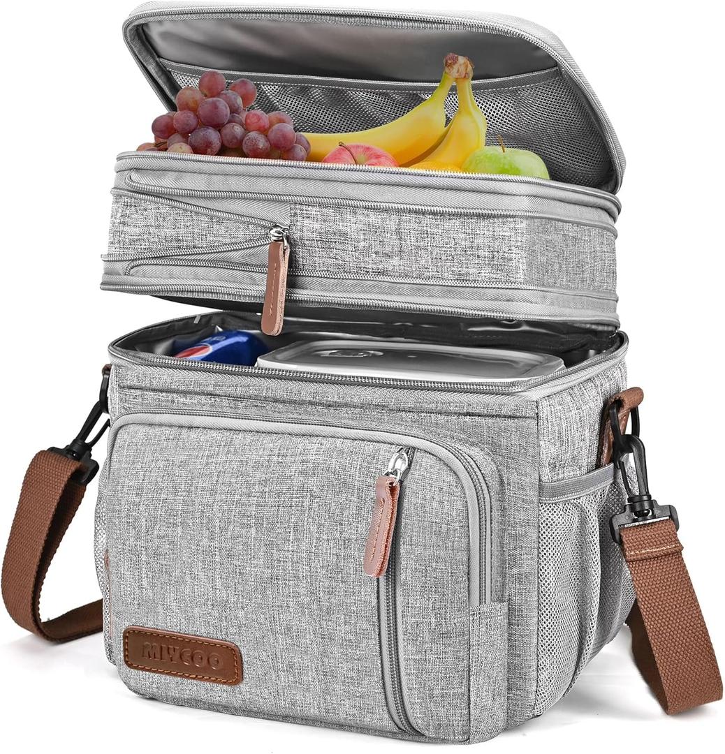 MIYCOO Lunch Bag for Women Men Double Deck Lunch Box - Leakproof Insulated Soft Large Adult Lunch Cooler Bag for Work, (Grey,15L) (Gray)