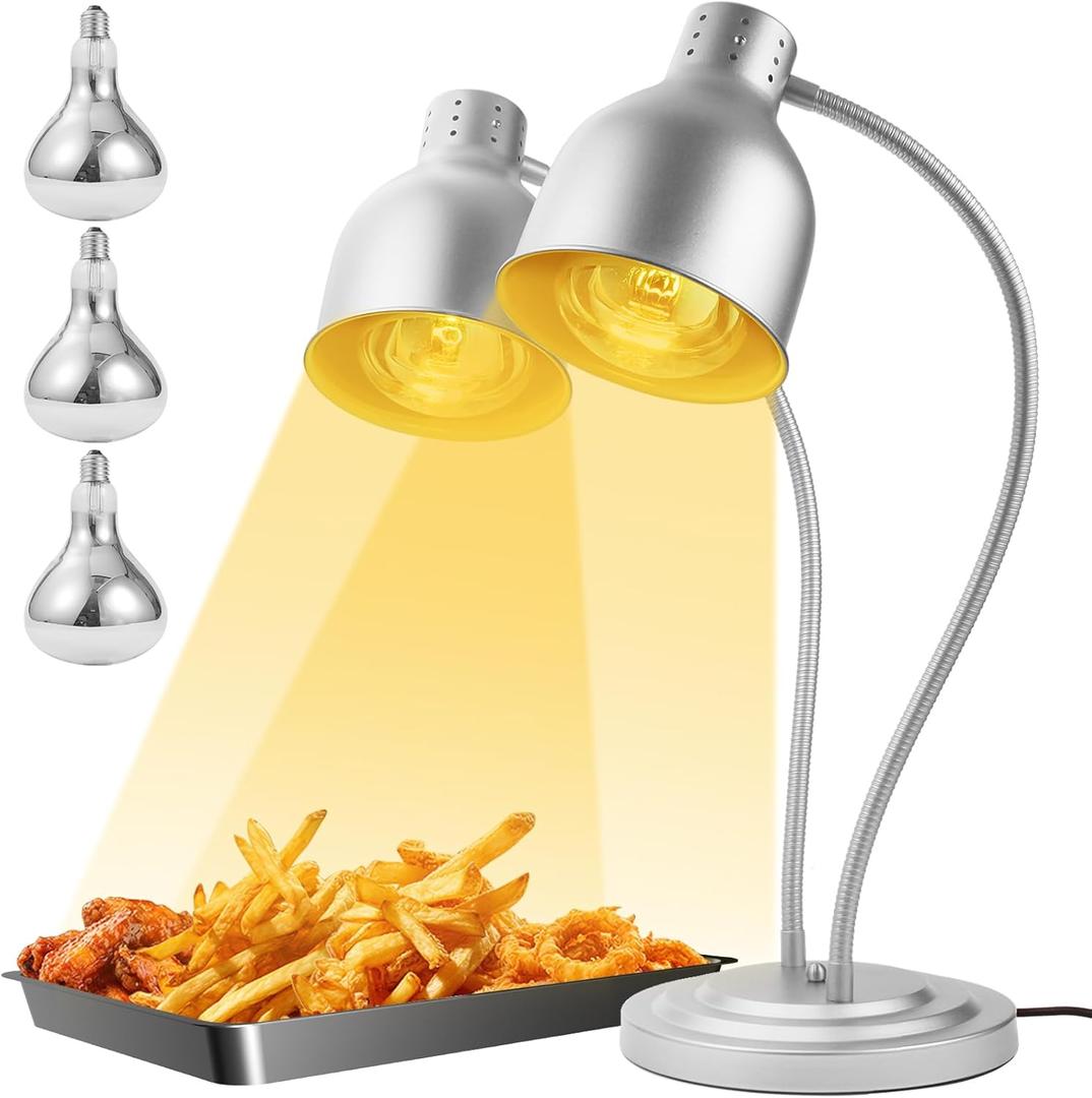 Heat Lamp for Food, Upgrade 250W Bulb x 3 - Each Lasting Over 4000 Hours, Food Heat Lamp with Flexible Arm, Catering Food Warmers for Buffet, Parties, Fast Food, Bakery (Silver) (Double-Head)