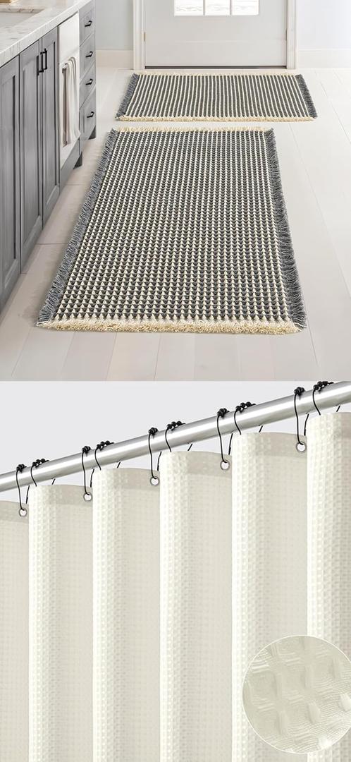 MIULEE Set of 2 Waffle Bathroom Rugs, Boho Bath Rugs Non Slip Washable, Super Absorbent Bath Mats for Bathroom Floor Bundle Ivory Waffle Weave Heavy Duty Washable Shower Curtain Set Waterproof