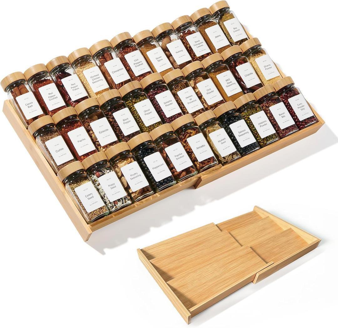 Expandable 3-Tier Bamboo Spice Rack Organizer (12"-21" W, 13.5" D, 3.7" H) Adjustable for Kitchen Drawers, Cabinets, Countertops, Pantry Shelves & Cupboards, No Jars Included