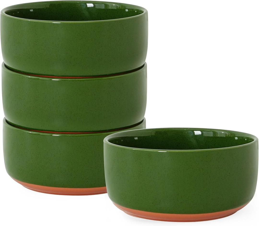 Stoneware Cereal and Soup Bowls Set of 4, 6-Inch Dual Glaze Ceramic Bowls for Breakfast & Oatmeal, Microwave and Dishwasher Safe, Forest Glaze Green