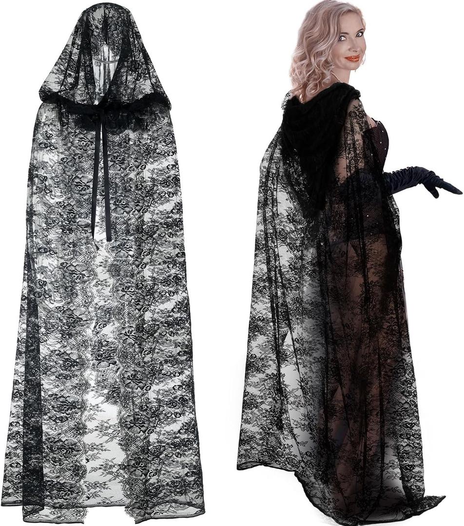 Lace Witch Cape for Women Black Vampire Cloak Gothic Costumes Lace Cape for Cosplay Vampire Women Costume Halloween