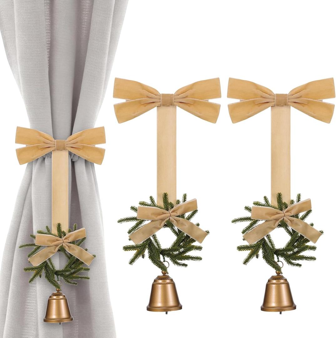Suncalla 2 Pcs Christmas Curtain Buckle Tieback Christmas Wreath Curtain Ties Backs Holdback Holder Fastener Buckles with Velvet Bow and Bell for Xmas Holiday Home Window Decoration(Light Brown)