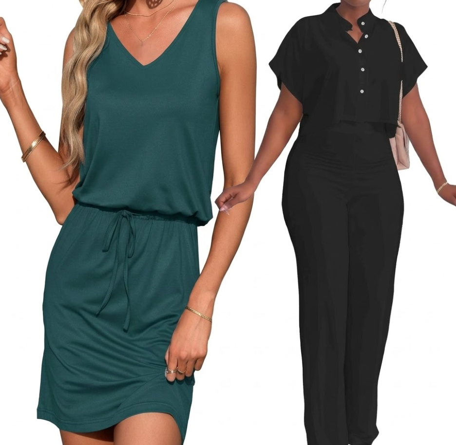 HBQ Women's Black Summer 2 Piece Medium Outfits Casual Tracksuit Short Sleeve Button Down Crop Top Wide Leg Long Pant Lounge Sets and  AUSELILY Womens Summer Small Green Sleeveless Drawstring Waist Beach Cover up Mini Short Swing Dresses with Pockets