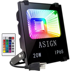 ASIGN 20W RGB LED Flood Lights, Indoor Outdoor Decoration Light Waterproof Color Changing LED Security Light with Remote Control, Dimmable Wall Washer Lights with US 3-Plug