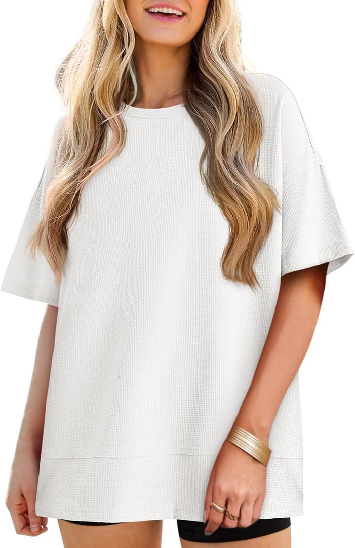 Tankaneo Womens Oversized Knit Tunic Tops Summer Casual Short Sleeve Round Neck T Shirt Loose Fit Side Split Waffle Tees (S)