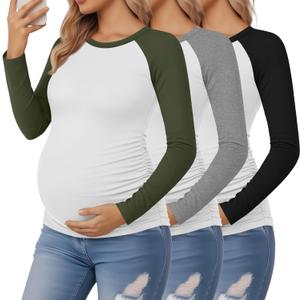3 Pack Women's Maternity Shirts, Pregnancy Raglan Long Sleeve Tops Sides Ruched Crew Neck Color Block Mama Clothes (S)