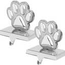 Fowecelt 2 Pack Dog Paw Christmas Stocking Holder, 3D Silver Metal Mantel Stocking Hanger for Mantel Shelf Stand Table Christmas Decor