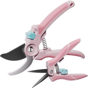 NEXON Garden Pruning Shears 2 Pack, 8" Bypass Hand Pruner & 6.25" Precision Garden Scissors, Professional Garden Clippers for Plants and Flowers Pink