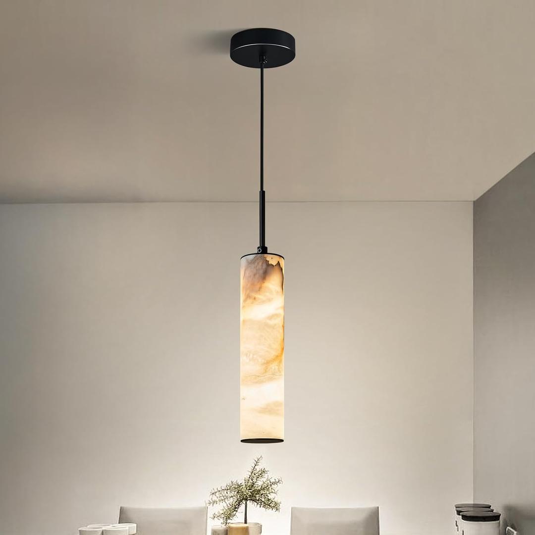 LMQNINE Natural Alabaster Pendant Lights for Kitchen Island White Marble Long Tube Chandelier Modern Black Ceiling Light Fixtures for Bedroom Dining Room Table Living Room Hallway(S-1Pack)