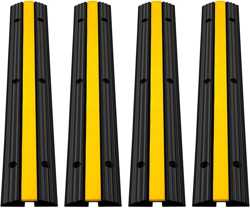VEVOR 4 Pack of 1-Channel Rubber Cable Protector Ramps Heavy Duty 22046Lbs Load Capacity Cable Wire Cord Cover Ramp Speed Bump Driveway Hose Cable Ramp Protective Cover