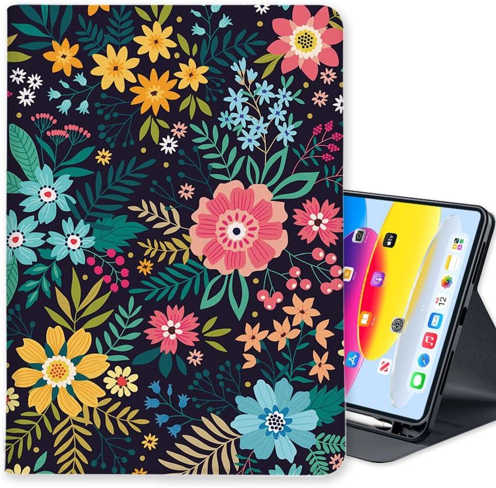LI-LOVE Case for iPad A16 11 inch 2025 (11th Gen), iPad 10th Generation 10.9 inch 2022, Soft TPU Flower Folio Stand Cover Adjustable Angles Auto Wake Sleep Smart Case with Pencil Holder