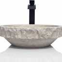 Round Travertine Vessel Sink, Natural Stone Wash Basin, Hand-Carved Bathroom Sink, Chiseled Exterior, Polished Interior, Above Counter Vanity (Soap Tray Included), Medium