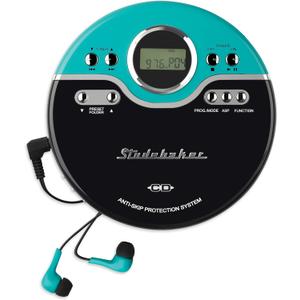 Studebaker Retro Portable CD Player | CD-R/RW MP3 Playback | Programmable Personal CD Player | Anti-Skip | FM Radio | Mega Bass Boost | Sport Earbuds (Vintage Turquoise)