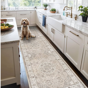 Hallway Washable Runner Rug - 2'6x12 Kitchen Rugs Entryway Rug Runner Vintage Soft Floor Mat Non Slip Indoor Farmhouse Carpet for Bathroom Living Room Bedroom (2'6''x12', Beige)