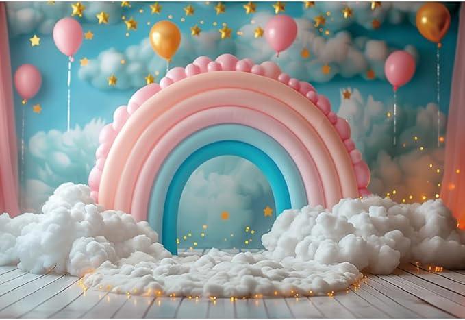 YongFoto Balloons Rainbow Arch Backdrop 10x8ft Stars Clouds Sky Photography Background Baby Shower Sweet Girl Half 1st First Two Year Old Birthday Party Banner Portraits Photoshoot Studio Booth Prop