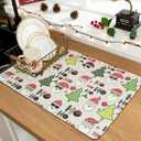 Dish Drying Mat for Kitchen Counter,16"x24" Absorbent Coffee Bar Mat Dish Drainer Rack Mat with Christmas tree and Saint Claus Printed for Kitchen Countertop Decor (Beige White, 16"x24")