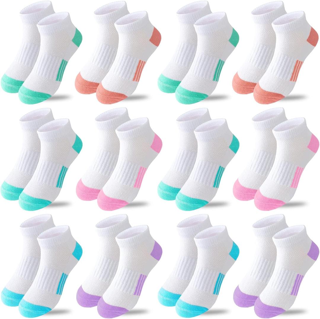 Bemeol Girls Socks 12 Pairs Ankle Athletic Socks Cotton Sports Sock For Little Big Kids (7-10 Years)