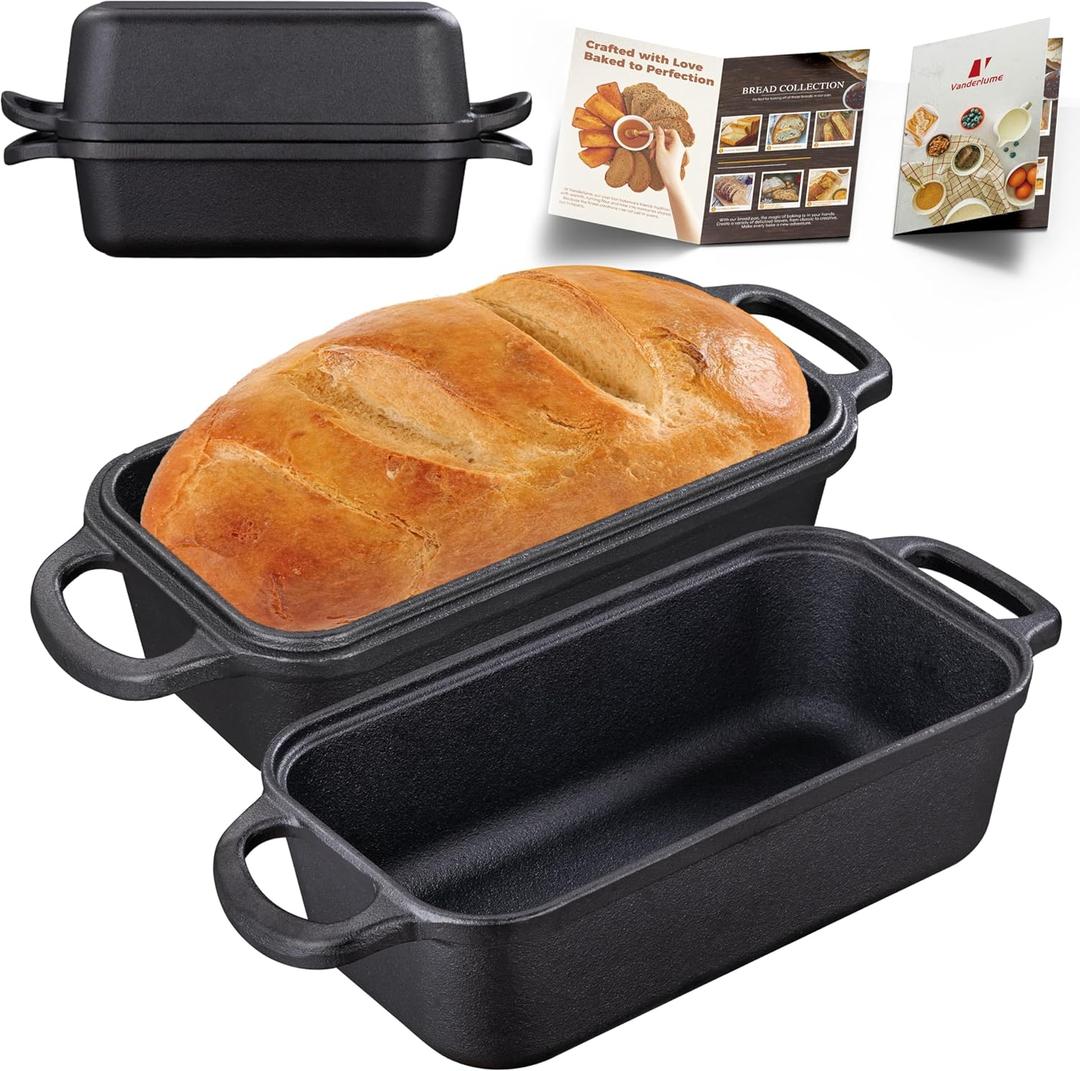 Vanderlume Cast Iron Loaf Pan with Lid 9x5 Inch, 2-in-1 Loaf Pans for Baking Bread, Even Heat Distribution for Sourdough, Homemade Bread