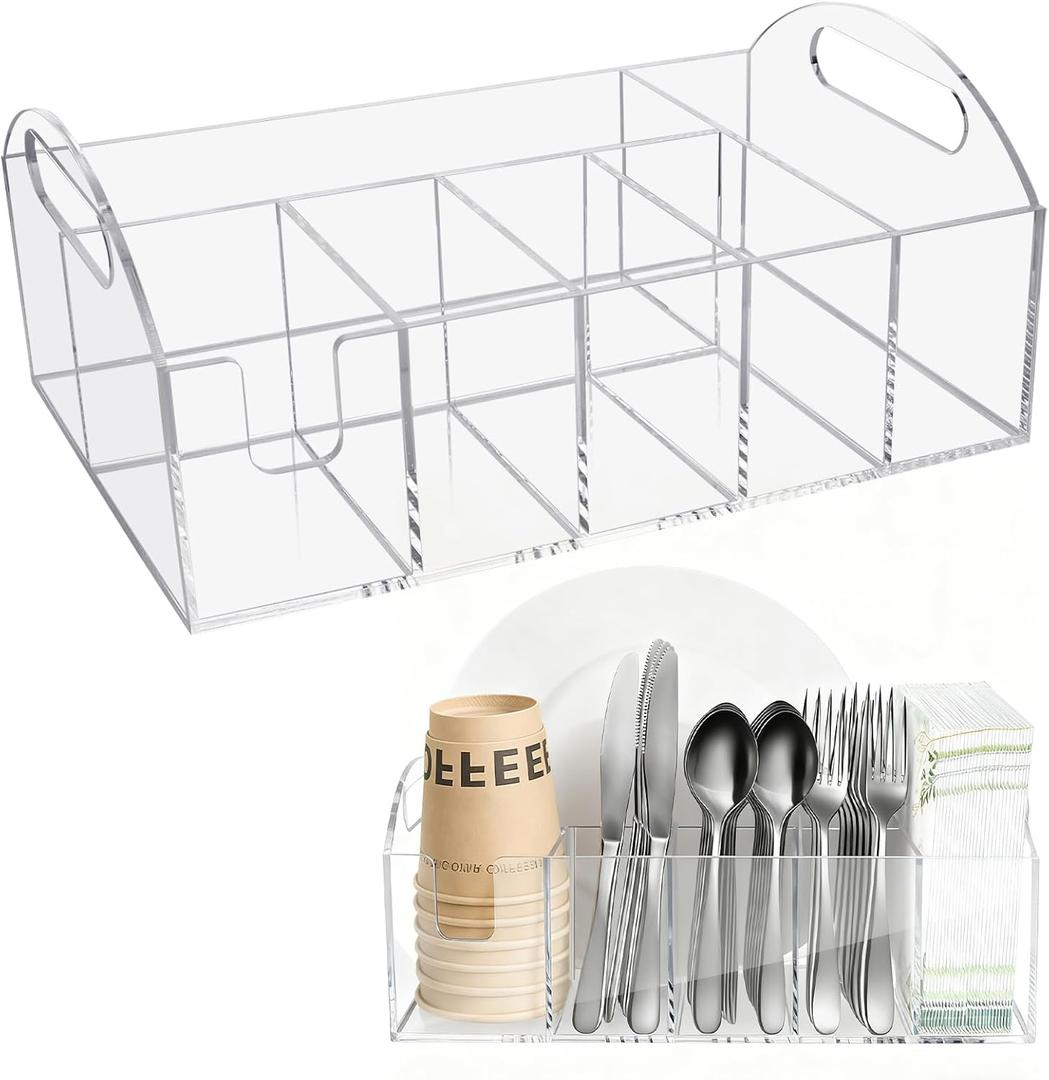 Acrylic Paper Plate Organizer, Utensil Silverware Caddy, Used For Storing Plates, Cups, Napkins, Small Snacks And Tableware - Suitable For Home, Party, Camping And Picnic