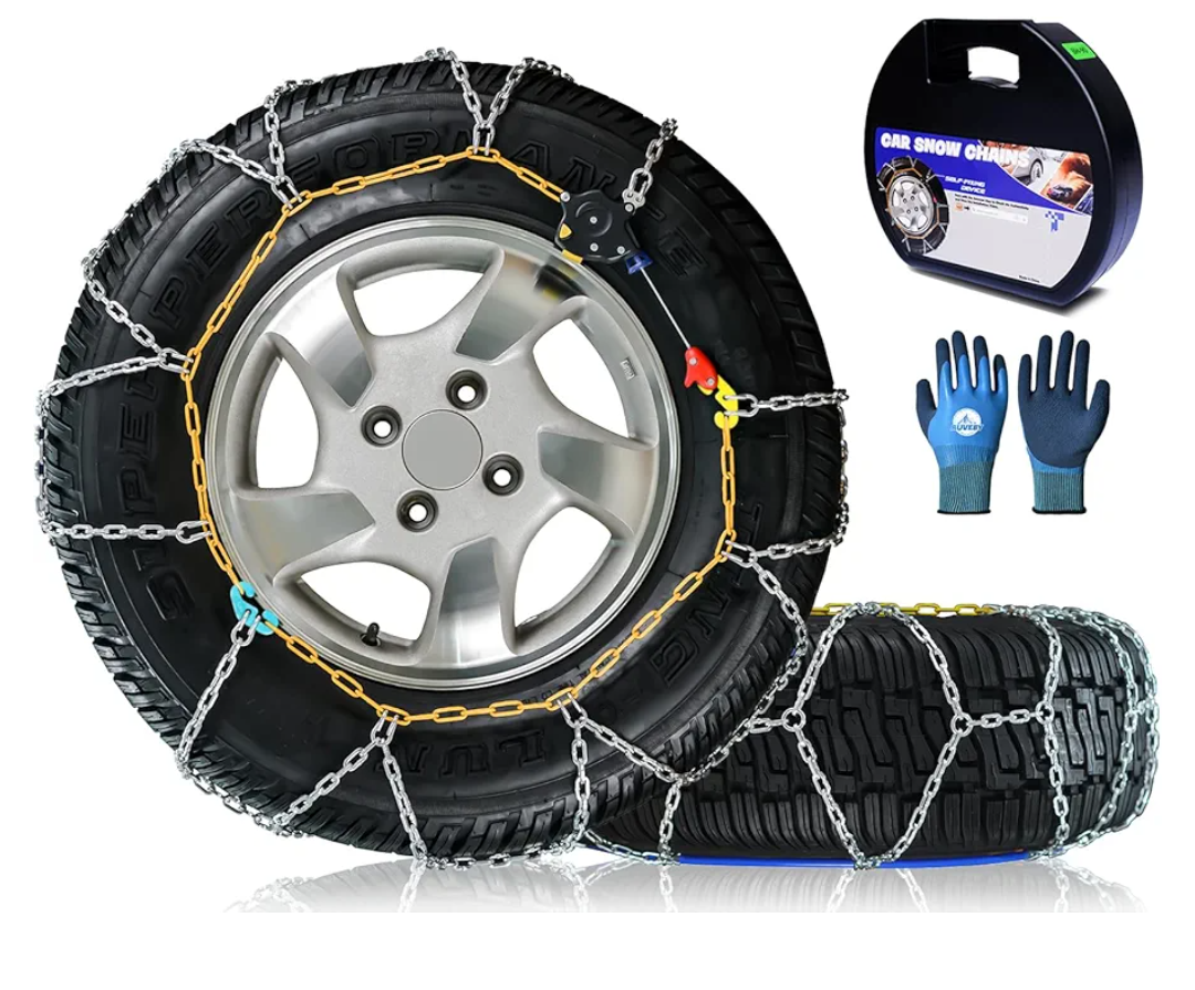 Snow-Chains Auto Fixing 1 Min Quick Fit Easy Installation Tire-Chains, Portable Reusable Universal Emergency Tire Traction Chain for Passenger Car, Pickup Trucks and SUV - Set of 2 (HKN-140)