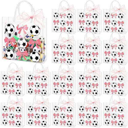 Sweetude 24 Pcs Soccer Clear Treat Bags with Handles Bulk Cute Soccer Goodie Bags Sport Theme Party Gift Favor with Pink Bow Ribbon for Girl Youth Team Snack Birthday Gifts 7.9 x 7.9 Inch
