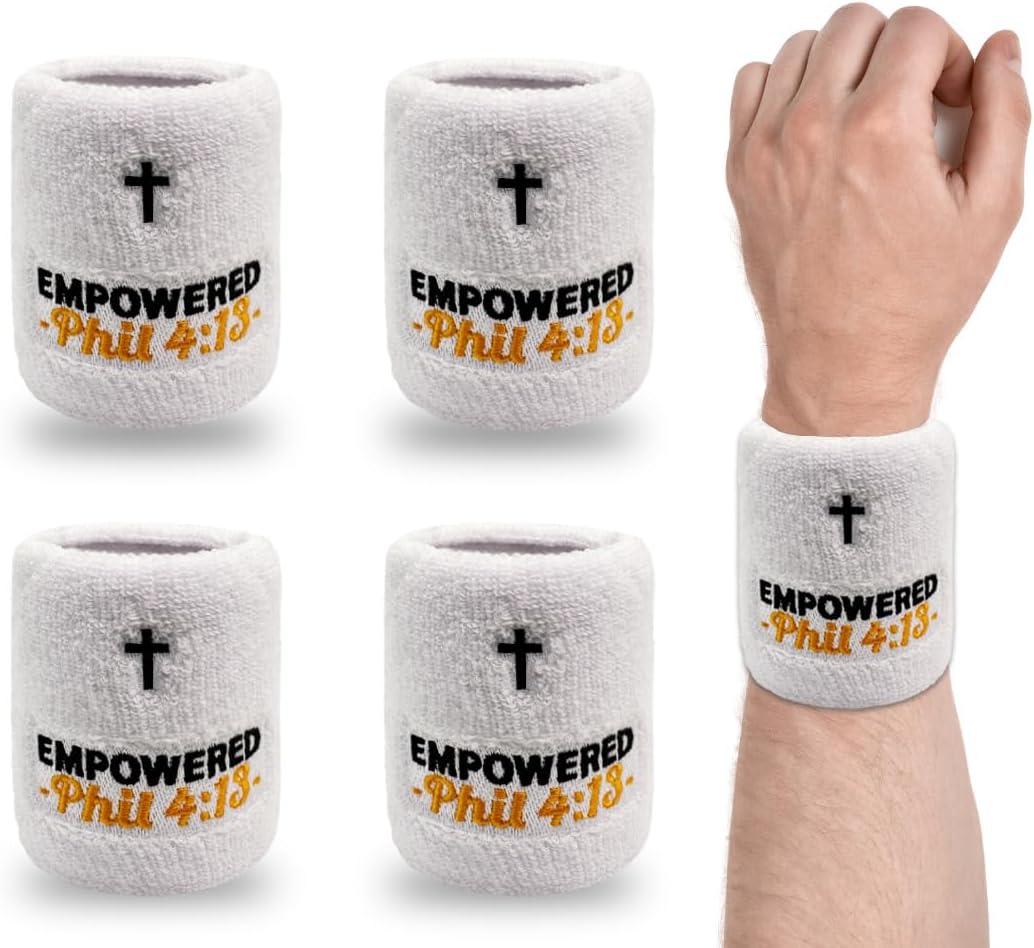 4 Pack Christian Sports Sweat Wristbands with Scripture & Cross for Men Women Gym Football Basketball Baseball (White)
