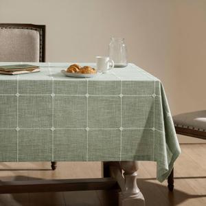 ZeeMart Grid Embroidered Hemmed Tablecloths, Green 60x120 Inch, Farmhouse Style Heavy Weight Cotton Linen Sage Green Tablecloths, Boho Plaid Water Resistant Rectangle Table Cloth