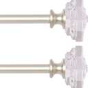 2 Pack Curtain Drapery RodAcrylic Square Finials Curtain Rod 3/4" Diameter Single Decorative Curtain Rod, Adjustable Length from 28 to 48 Inches Nickel