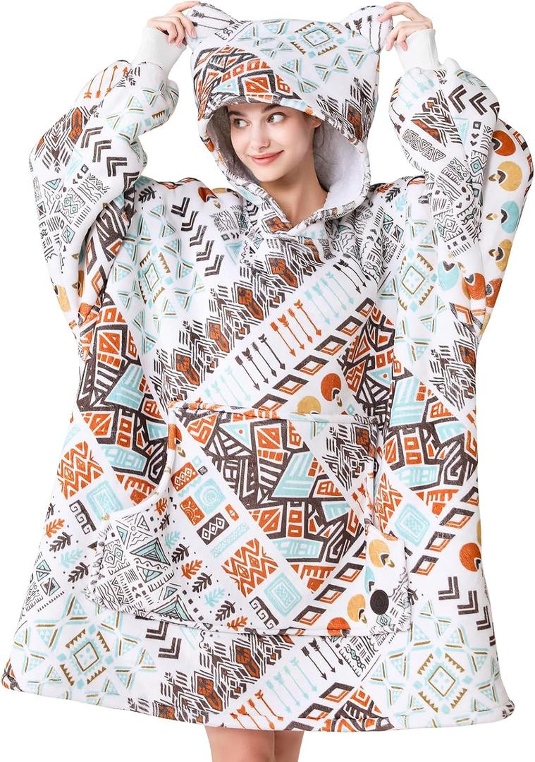 THREE POODLE Wearable Blanket Hoodie for Women, Oversized Sherpa Sweatshirt Blanket for Adults Men, Cozy Bohemia Hooded Blankets, Gifts for Teen Girls Women Mom Sister