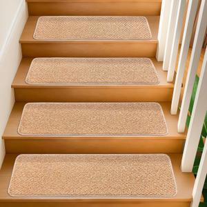 Stair Treads for Wooden Steps Indoor 9x30 Inch, 15 Pcs Non Slip Peel and Stick Carpet Stair Treads Self Adhesive, Washable & Reusable Stair Runner Rugs for Kids Elders and Pets - Beige
