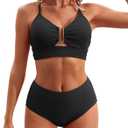 Charmo Push up Ribbed High Rise Bikini Sets Women Large Bust Longline Modest Bikini Swimsuits 2 Piece Black L