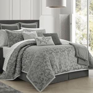 Johnella Grey Queen Comforter Set, Classic Jacquard Floral 14 Pieces Bedding Set, Ultra Soft for All Seasons, Sheets, Bedskirt, Throw, Matching Shams and Decor Pillows