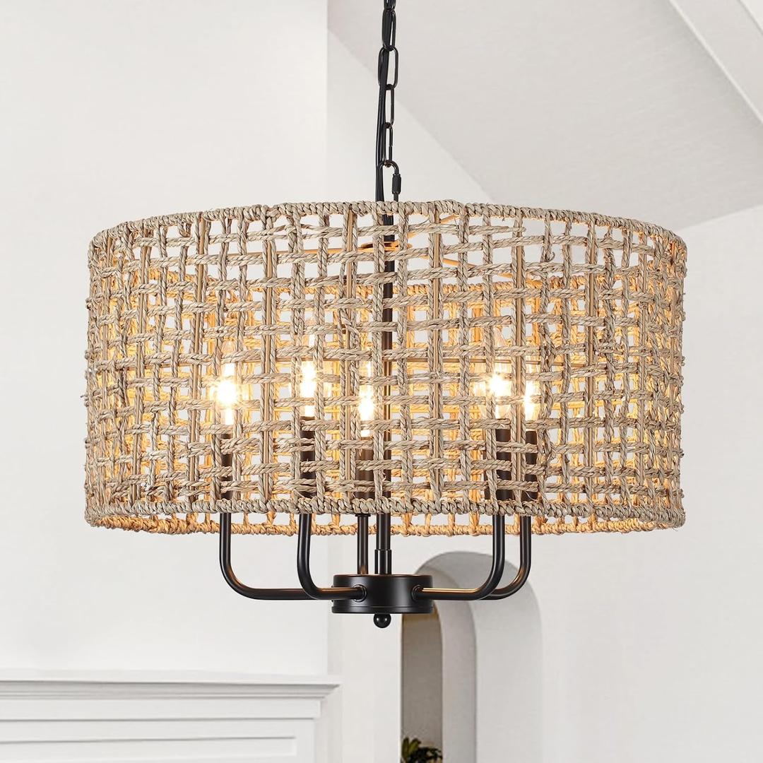 Large Farmhouse Chandelier for Dining Room, 5-Light Rattan Chandelier Boho Light Fixture with Wicker Shade, Coastal Hanging Pendant Light for Living Room Bedroom Entryway Foyer Lighting Fixtures (Black 19'')