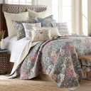 Levtex Home - Angelica Quilt Set - Full/Queen Quilt + Two Standard Pillow Shams - Floral - Aqua Taupe Green Blue Orange Pink Grey - Quilt (88x92in.) and Pillow Shams (26x20in.) - Reversible - Cotton