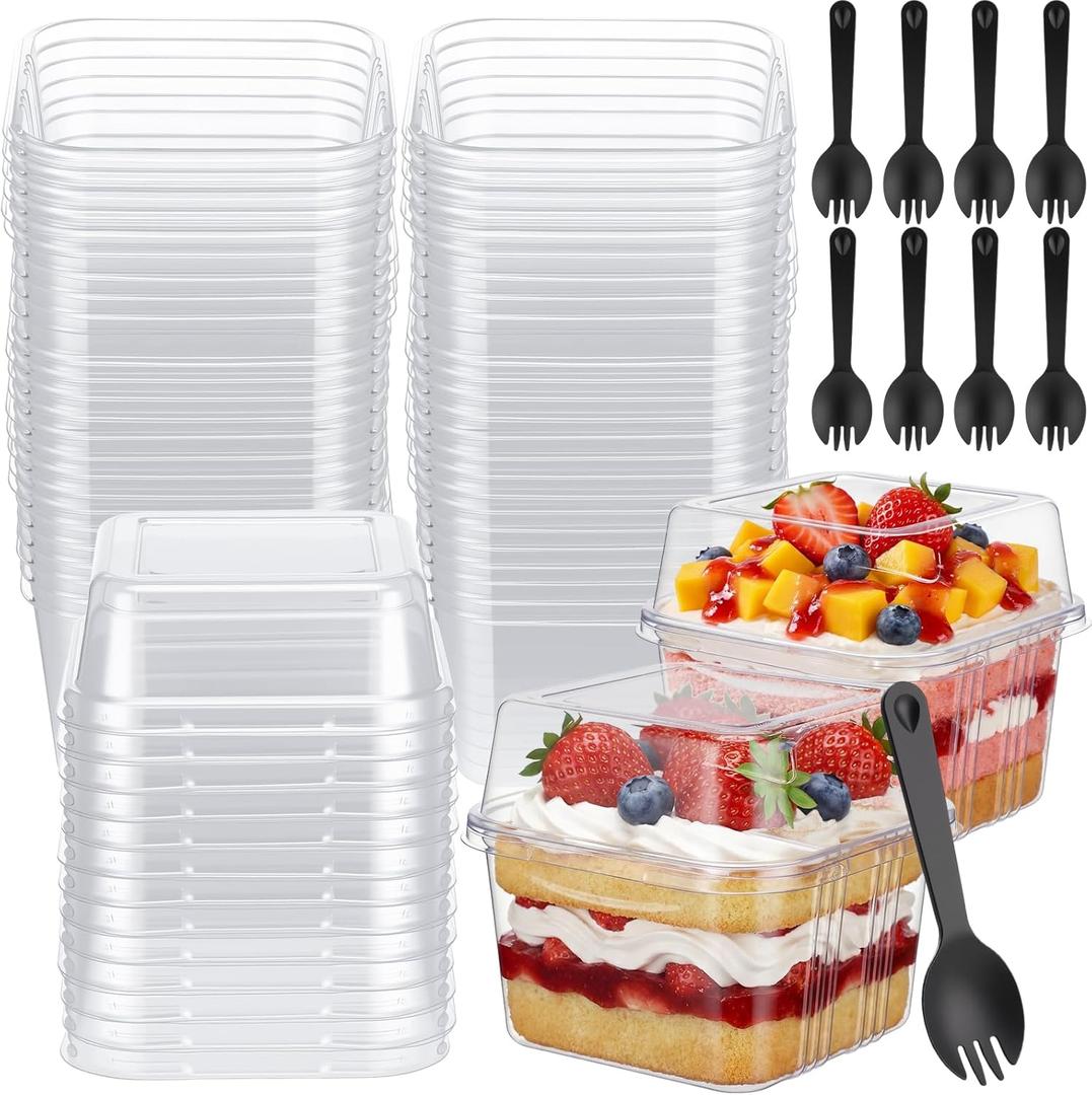 LemonRoad 50 Pack 8oz Plastic Dessert Cups with Lids and Spoons Square Yogurt Parfait Cup Mini Cake Cups Tiramisu Container Disposable Small Dessert Bowls for Pudding Fruit Cupcakes Parfait (Clear)