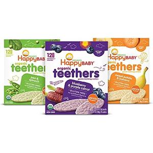 1 Year Baby Snacks Organic Baby Teethers Happy Baby Organic Teething Wafers 3-Flavor BBD: 01-29-27, BBD: 10-03-26, and BBD: 01-03-27