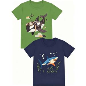 Boys T-Shirts Kid Tshirt Fit Graphic Tees Whale Shark Green Navy Size 2T