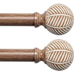 Wood Curtain Rods for Windows: 1 Inch Diameter Adjustable Drapery Rods 48" to 86", 2 Pack Heavy Duty Window Rod with Imitation Wood Grain Leaf Pattern Finials