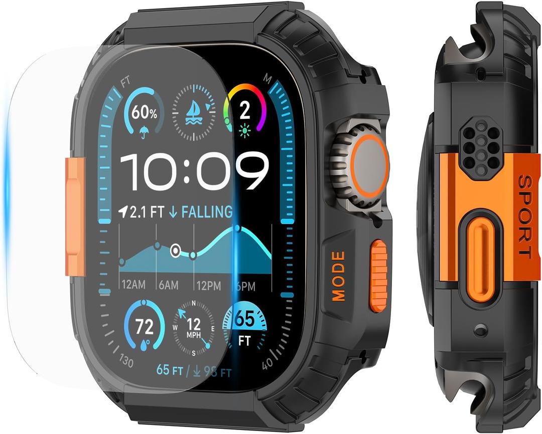 YIJDACASE Rugged Waterproof Case for Apple Watch Ultra 3/2/1 49mm with Screen Protector,Metal & PC Bumper+9H Tempered Glass,Stylish Shockproof Cover for Sports,Black/Orange
