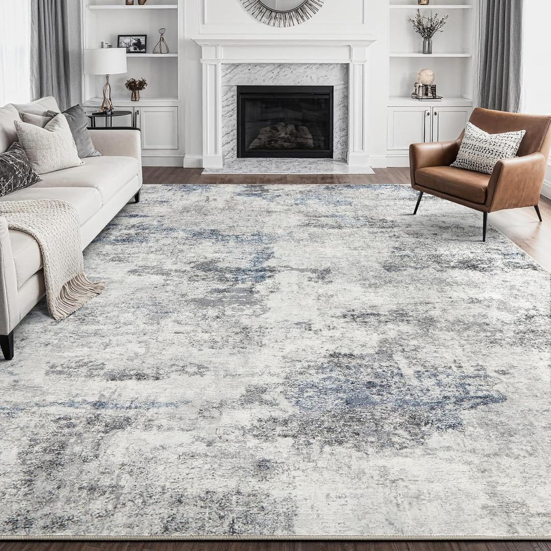 Living Room Area Rugs - 10x12 Washable Abstract Large Soft Indoor Rug Neutral Modern Low Pile Carpet for Bedroom Dining Room Farmhouse Home Office - Grey Blue