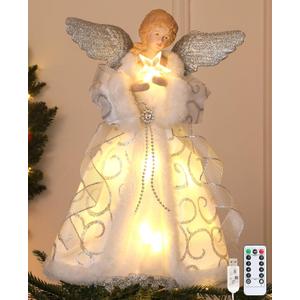 HMASYO Christmas Tree Topper Angel with Timer Lights, 12" Angel Tree Toppers with Silver Wings, Star Light, Remote Control and USB Power Xmas Treetop Decoration for Indoor Office Holiday Party